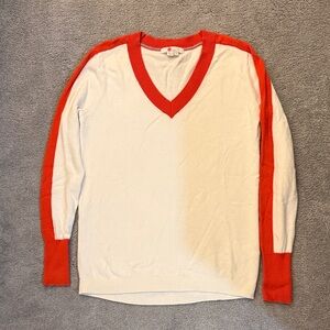 Boden White and Orange V-Neck Sweater